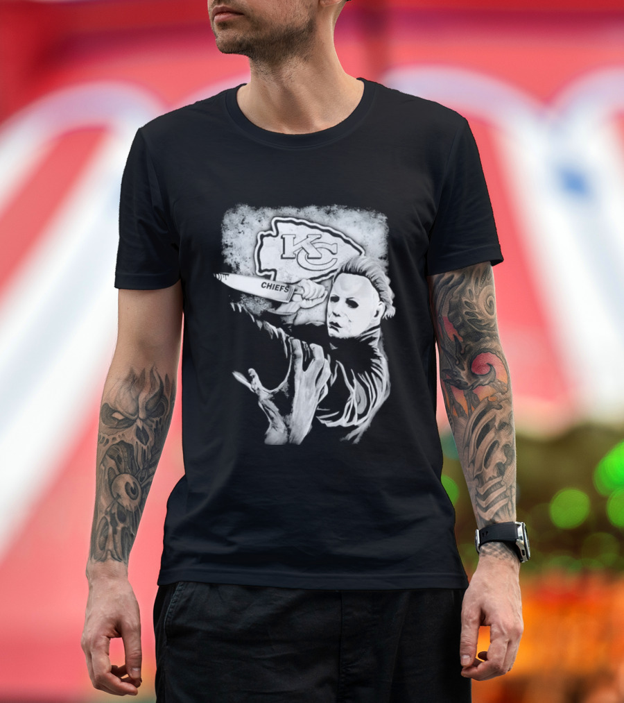Michael Myers Holding Knife With KC Chiefs T-Shirt