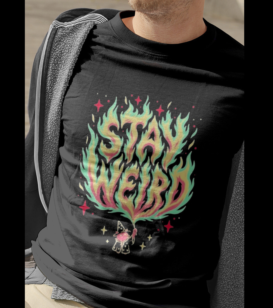 Stay Weird Magic Flames Wizard Cat Stars Cosmic T-Shirt