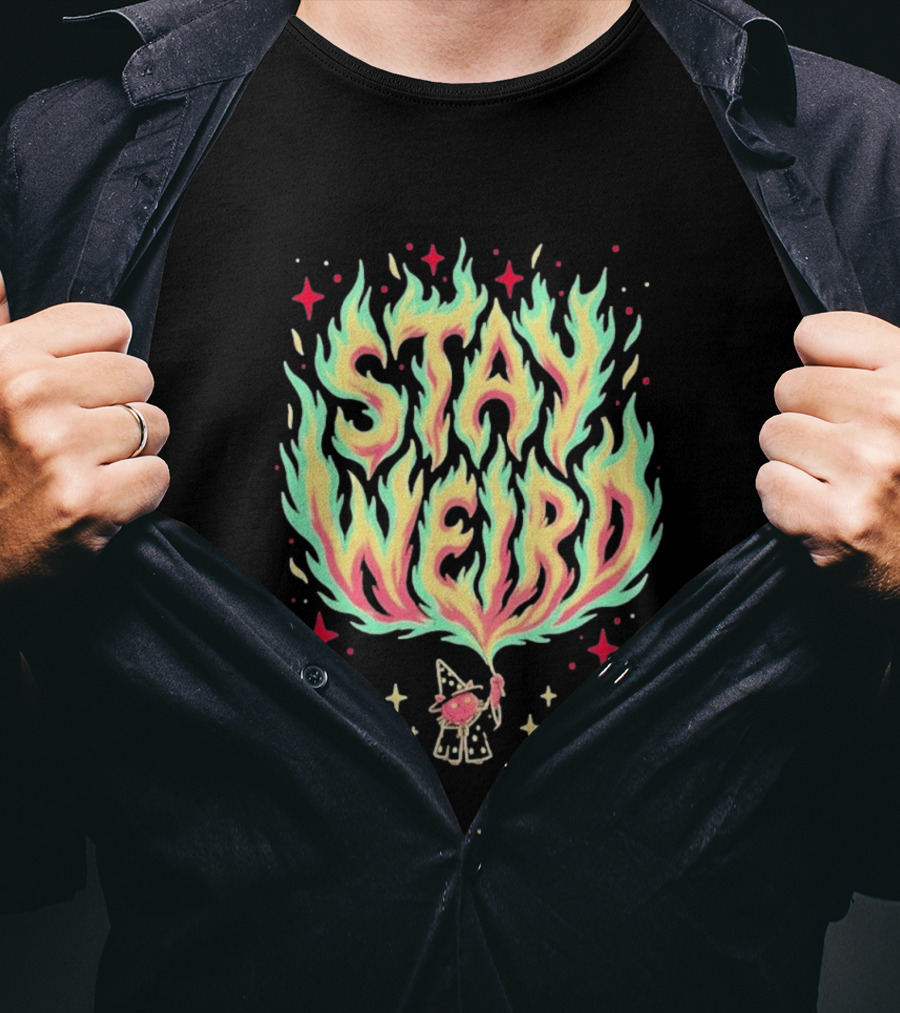 Stay Weird Magic Flames Wizard Cat Stars Cosmic T-Shirt