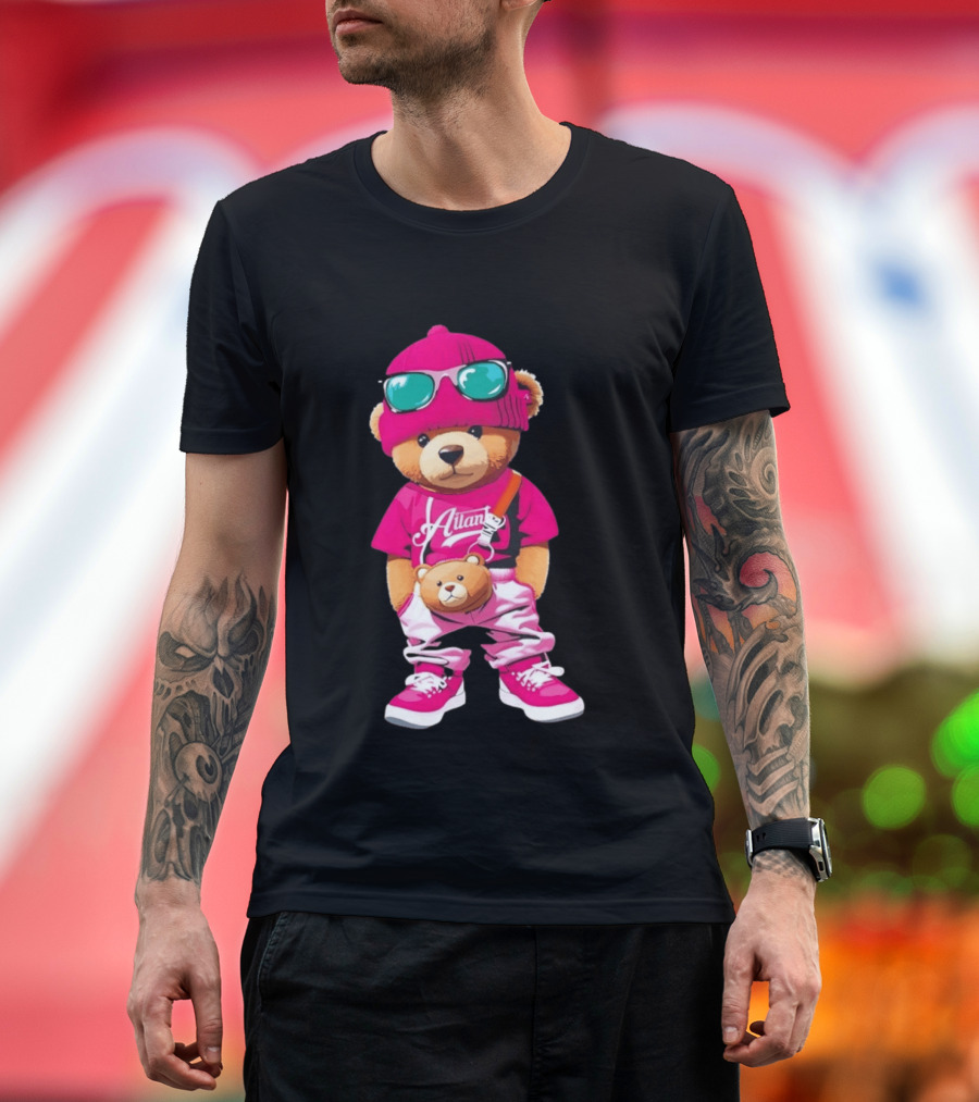 Ailan Teddy Bear Stylish Streetwear Outfit Pink Beanie Sunglasses And Bear Bag T-Shirt