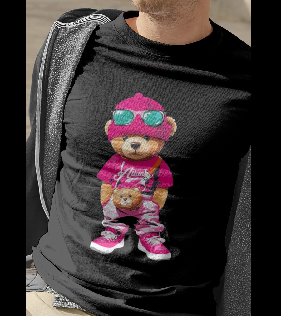 Ailan Teddy Bear Stylish Streetwear Outfit Pink Beanie Sunglasses And Bear Bag T-Shirt