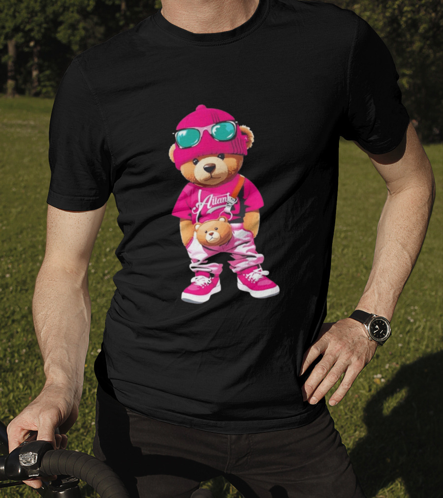 Ailan Teddy Bear Stylish Streetwear Outfit Pink Beanie Sunglasses And Bear Bag T-Shirt