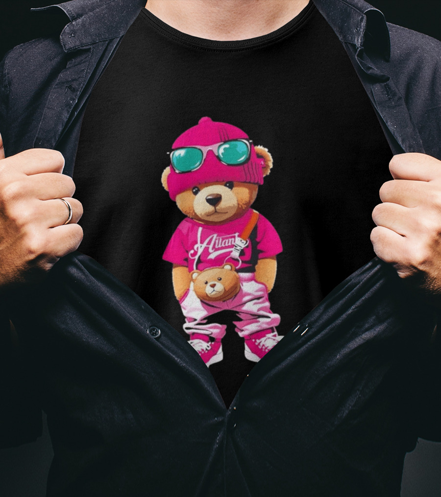 Ailan Teddy Bear Stylish Streetwear Outfit Pink Beanie Sunglasses And Bear Bag T-Shirt