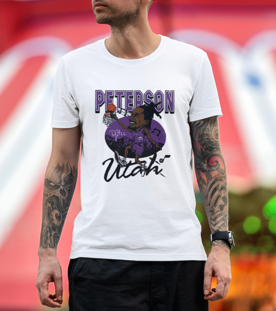 Peterson Utah Jazz NBA Basketball Caricature Purple Scene T-Shirt