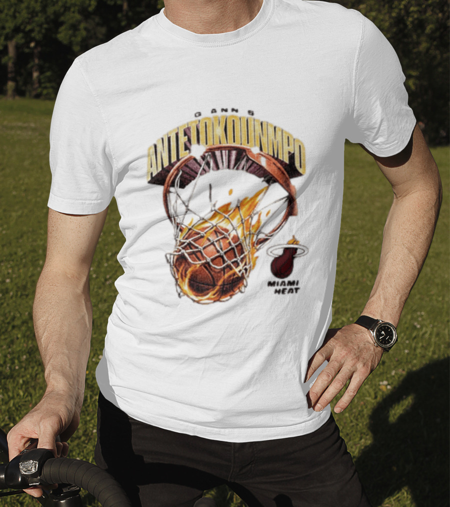Giannis Antetokounmpo Miami Heat Basketball Hoop Fireball T-Shirt