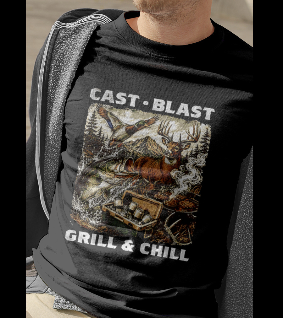 Cast Blast Grill & Chill Deer Fish Camping Scene T-Shirt