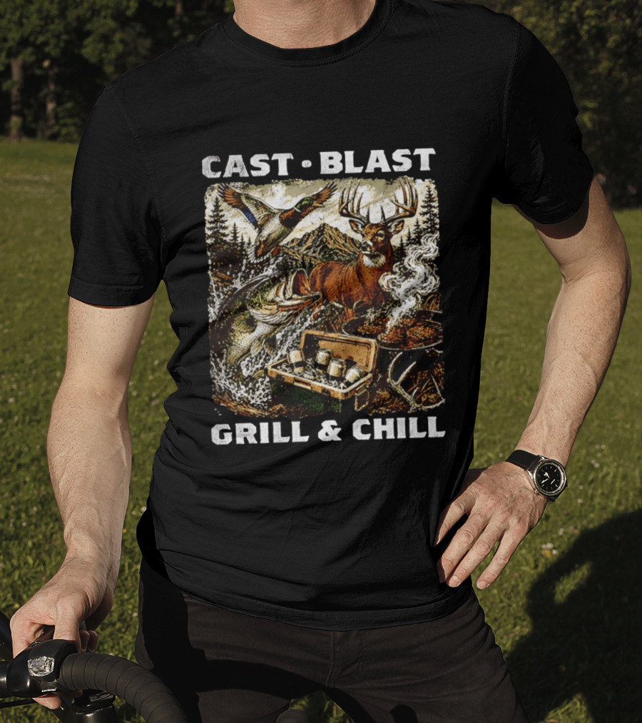 Cast Blast Grill & Chill Deer Fish Camping Scene T-Shirt