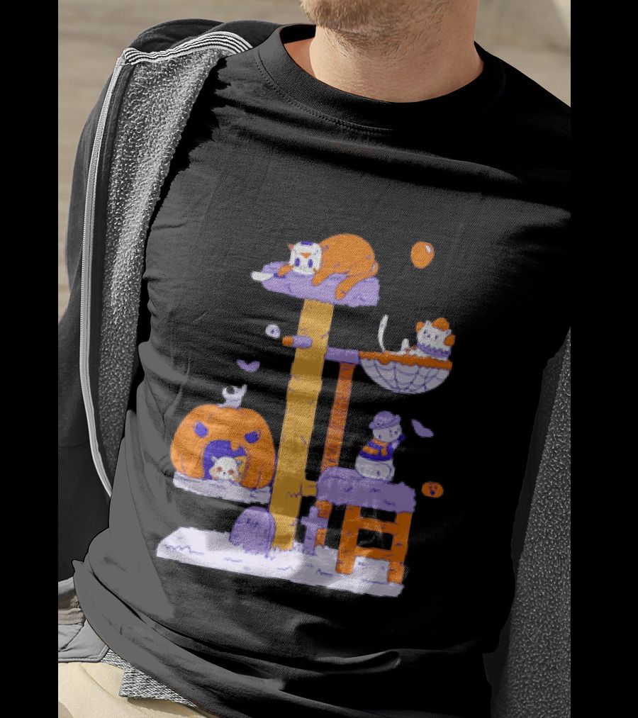 Cat Horror Pumpkin Tree Halloween Cats T-Shirt