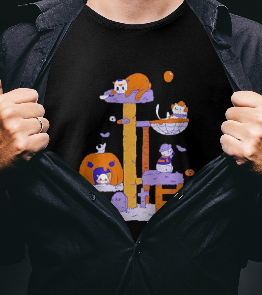 Cat Horror Pumpkin Tree Halloween Cats T-Shirt