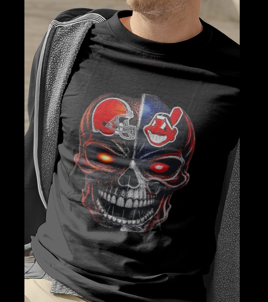 Cleveland Browns Helmet Indians Chief Wahoo Skull Sports Fan T-Shirt