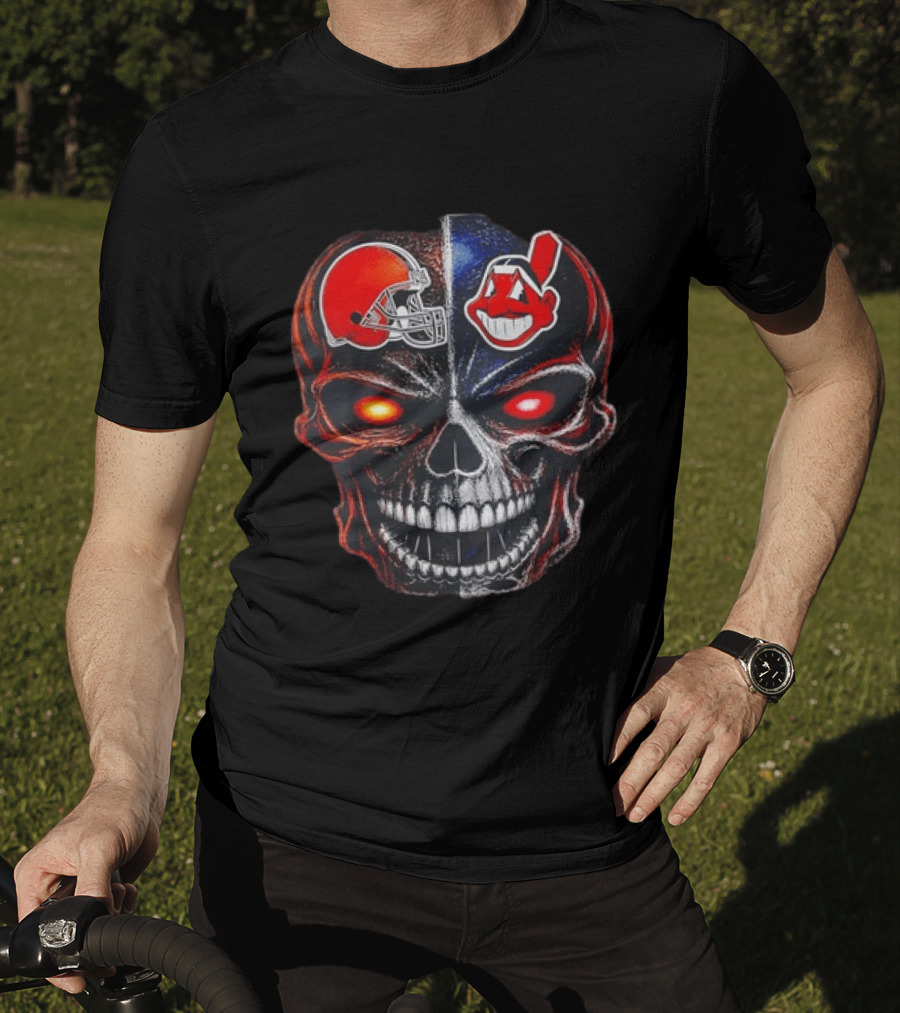 Cleveland Browns Helmet Indians Chief Wahoo Skull Sports Fan T-Shirt