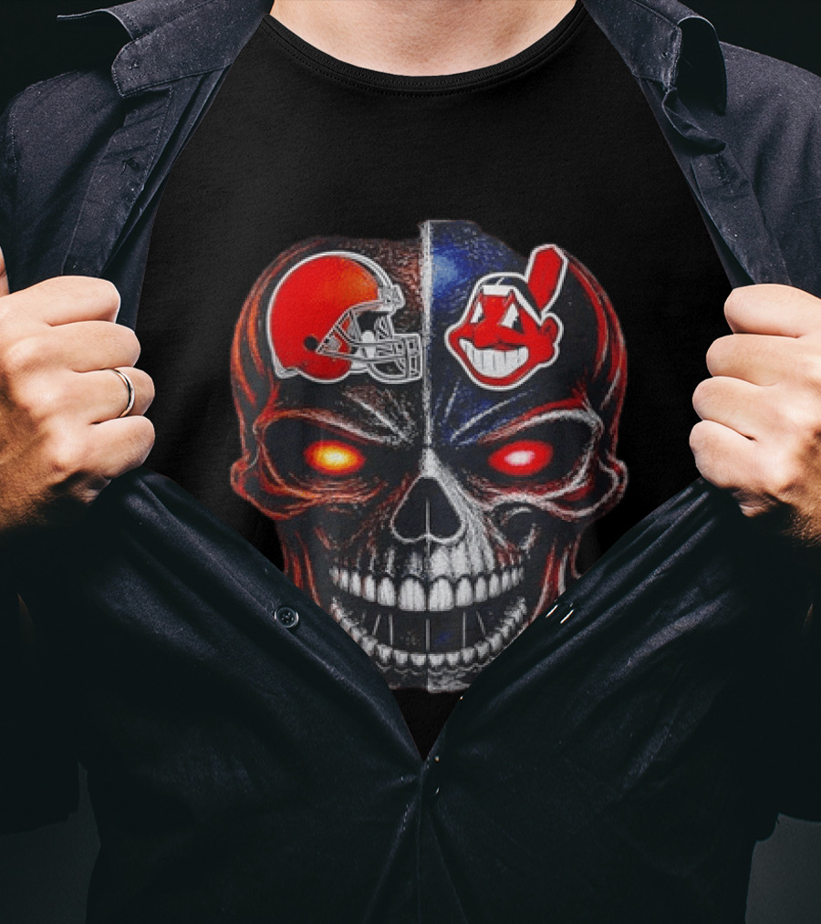 Cleveland Browns Helmet Indians Chief Wahoo Skull Sports Fan T-Shirt