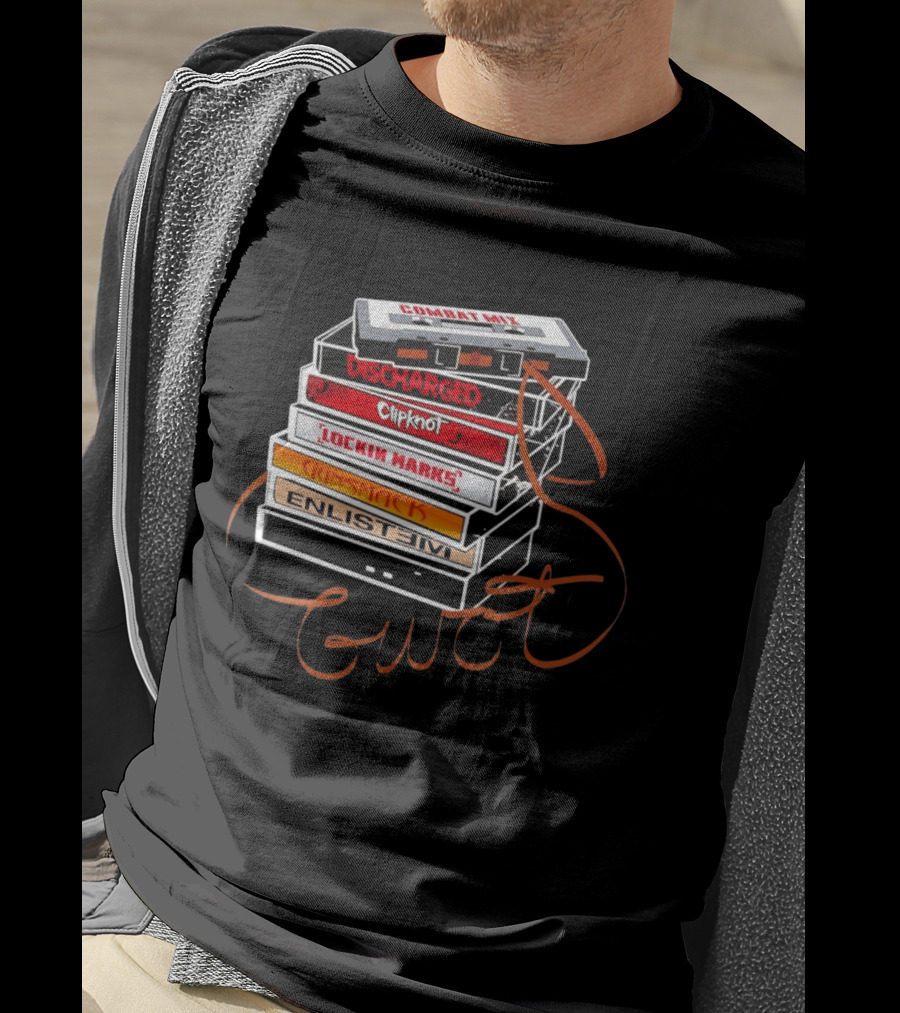 Combat Mix Discharged Clipknot Lockin Marks Gunsmack Enlist GWOT 3 Tours Down Music Cassette Stack T-Shirt