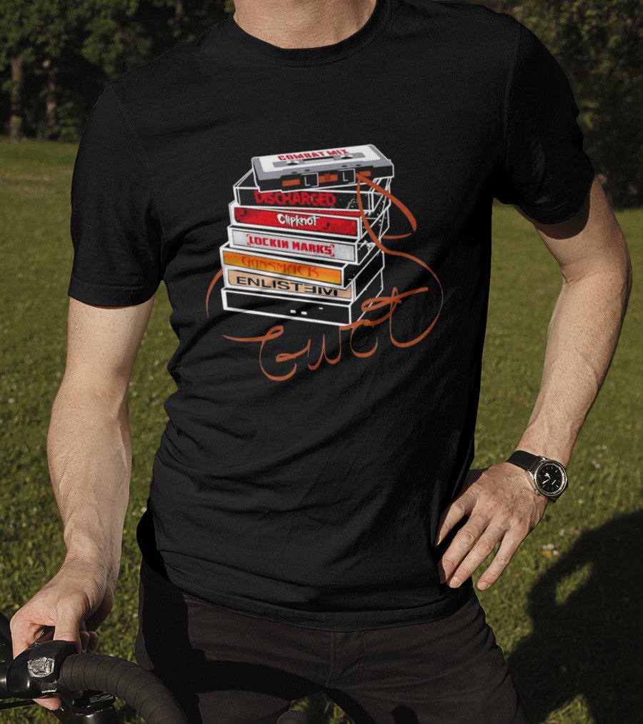 Combat Mix Discharged Clipknot Lockin Marks Gunsmack Enlist GWOT 3 Tours Down Music Cassette Stack T-Shirt