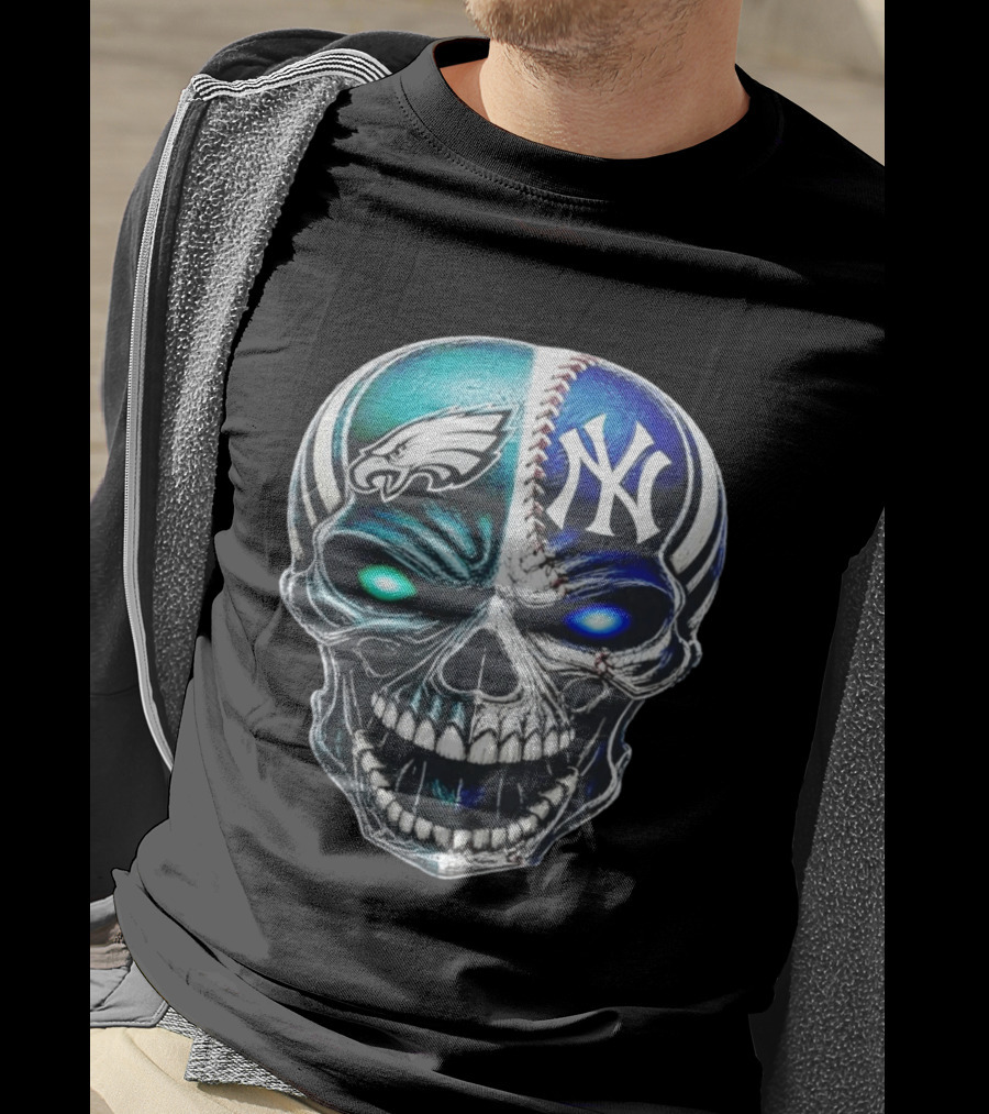 Philadelphia Eagles New York Yankees Skull Glow Eyes T-Shirt