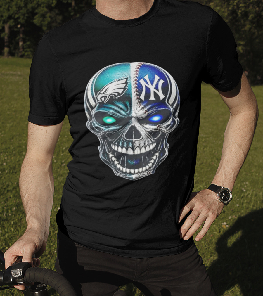 Philadelphia Eagles New York Yankees Skull Glow Eyes T-Shirt