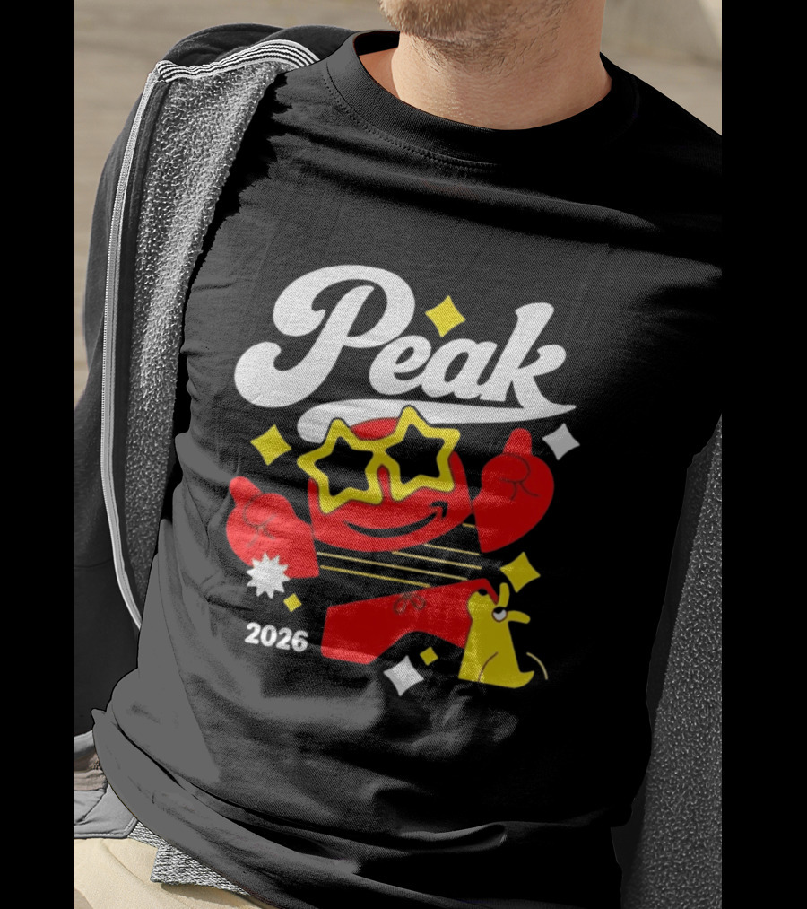 Peak 2026 Red Character With Star Glasses And Yellow Dog T-Shirt