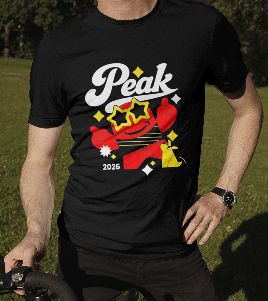Peak 2026 Red Character With Star Glasses And Yellow Dog T-Shirt