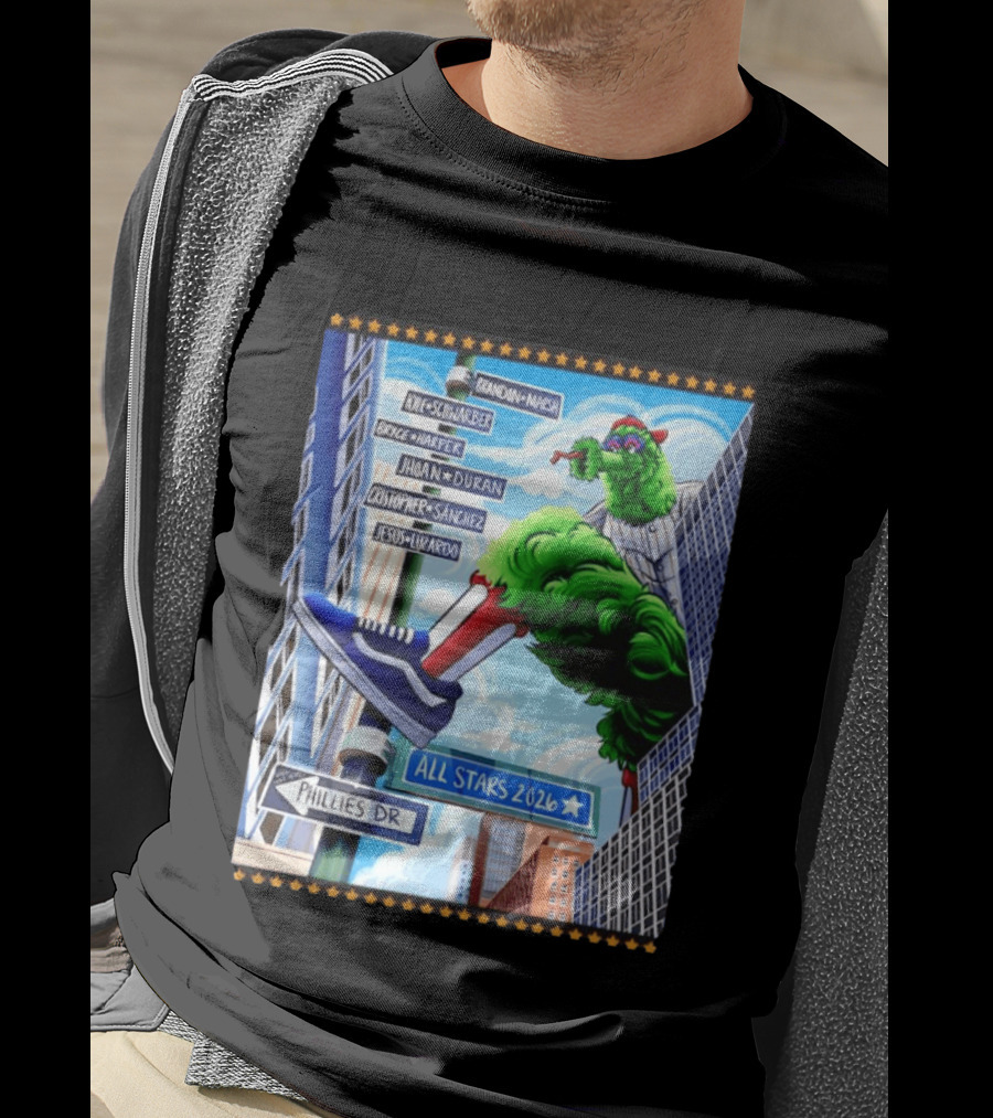 Phillies Dr Phillie Phanatic Brandon Marsh Kyle Schwarber Bryce Harper Johan Duran Christopher Sanchez Jesus Luzardo All Stars 2026 T-Shirt