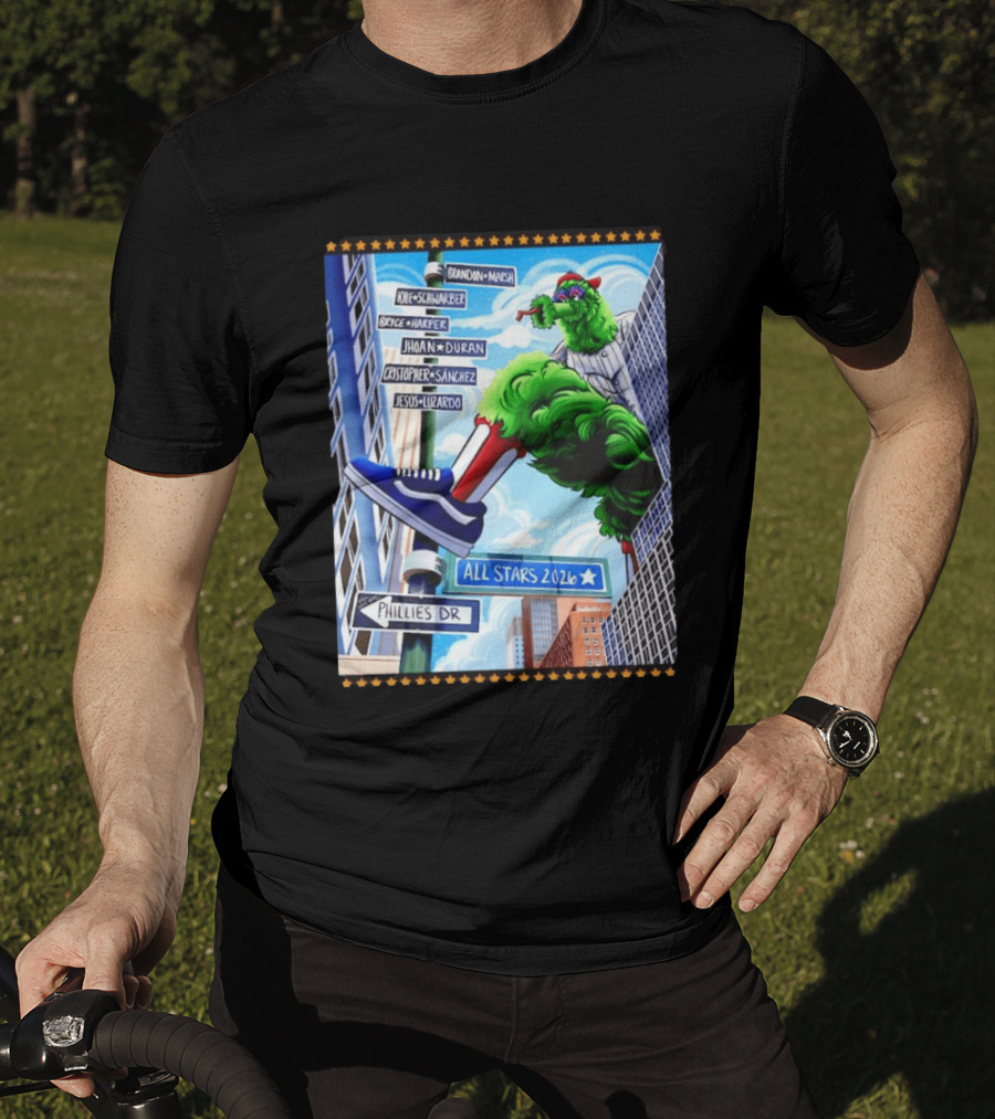 Phillies Dr Phillie Phanatic Brandon Marsh Kyle Schwarber Bryce Harper Johan Duran Christopher Sanchez Jesus Luzardo All Stars 2026 T-Shirt