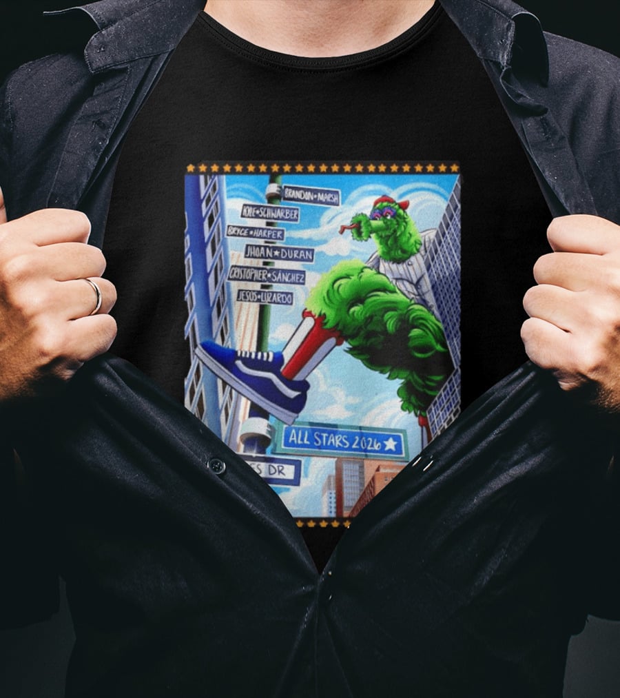 Phillies Dr Phillie Phanatic Brandon Marsh Kyle Schwarber Bryce Harper Johan Duran Christopher Sanchez Jesus Luzardo All Stars 2026 T-Shirt