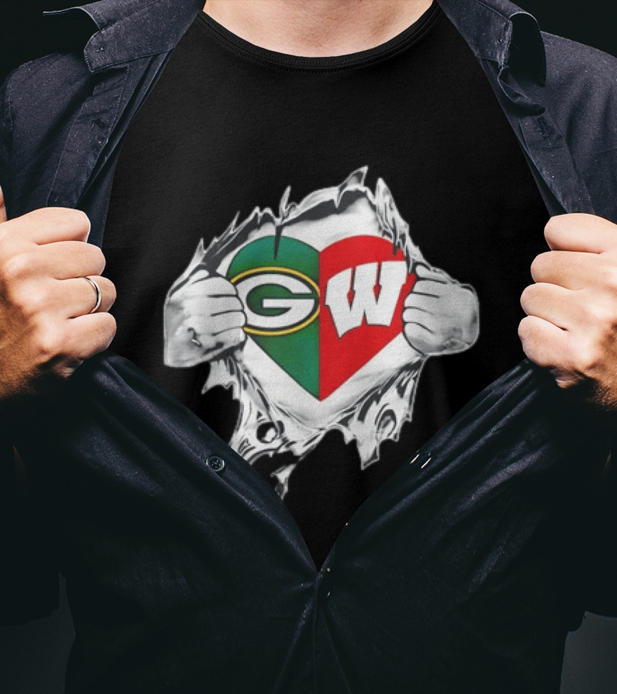 Green Bay Packers Wisconsin Badgers Torn Chest Reveal Heart T-Shirt