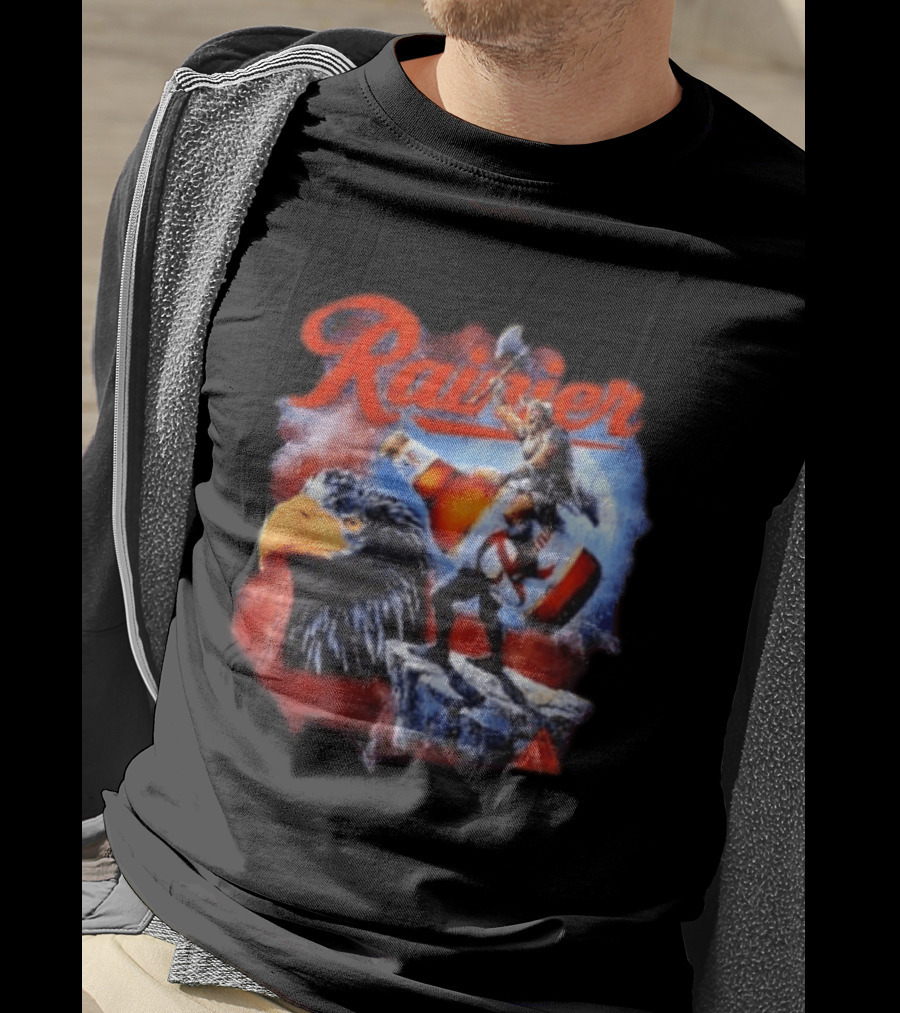 Rainier Beer Viking Holding Beer Riding Eagle On Rock T-Shirt