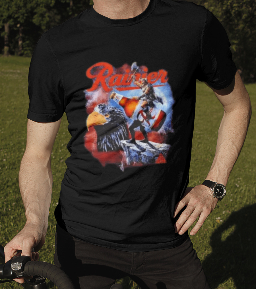 Rainier Beer Viking Holding Beer Riding Eagle On Rock T-Shirt