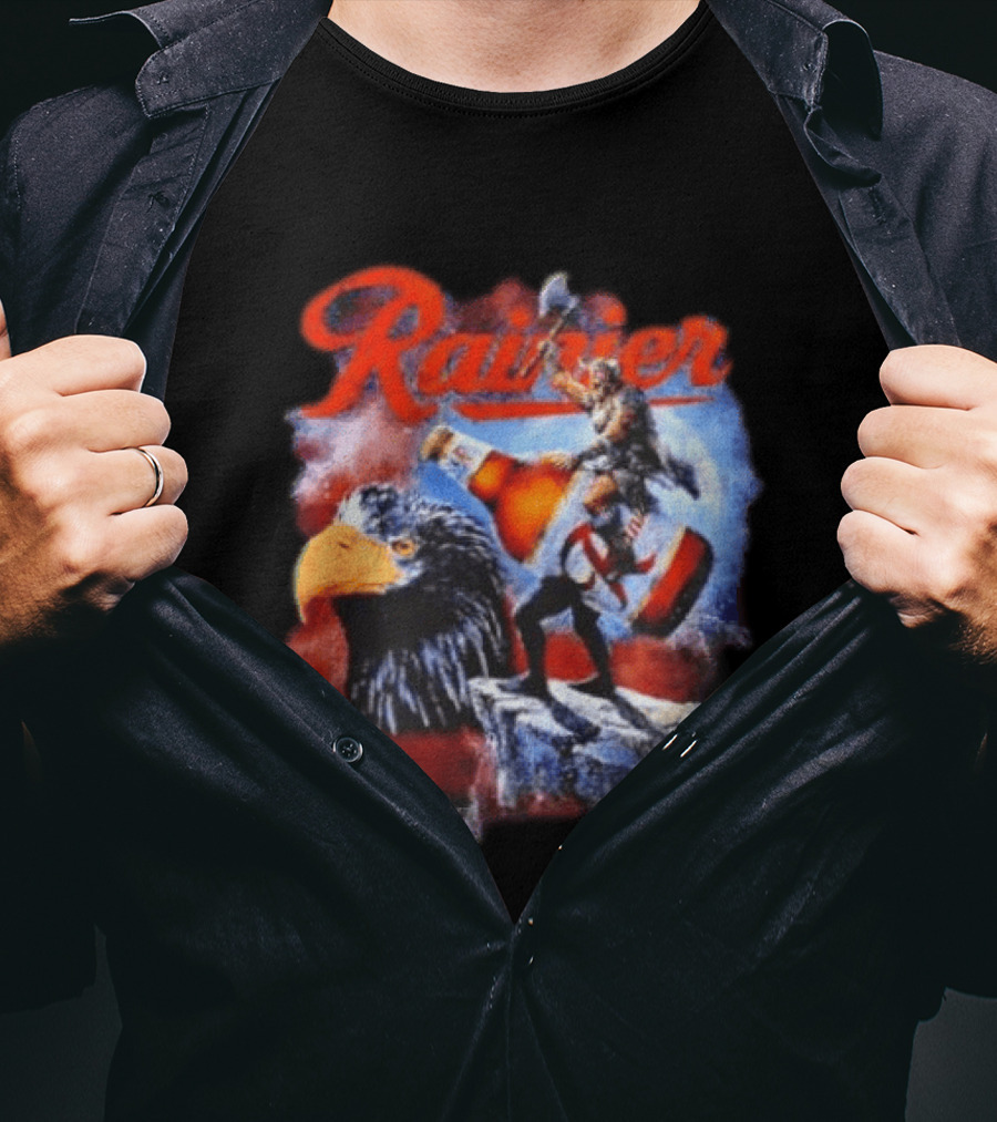 Rainier Beer Viking Holding Beer Riding Eagle On Rock T-Shirt