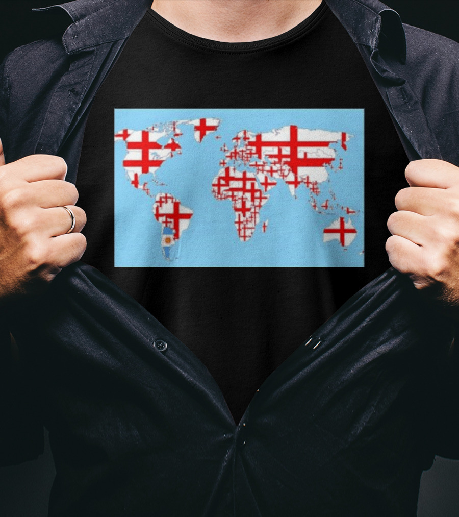 World Map With England Cross And Argentina Flag T-Shirt