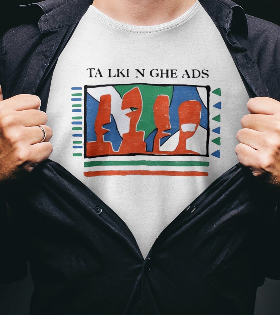 TA LKI N GHE ADS Bold Abstract Faces With Blue Green Accents T-Shirt