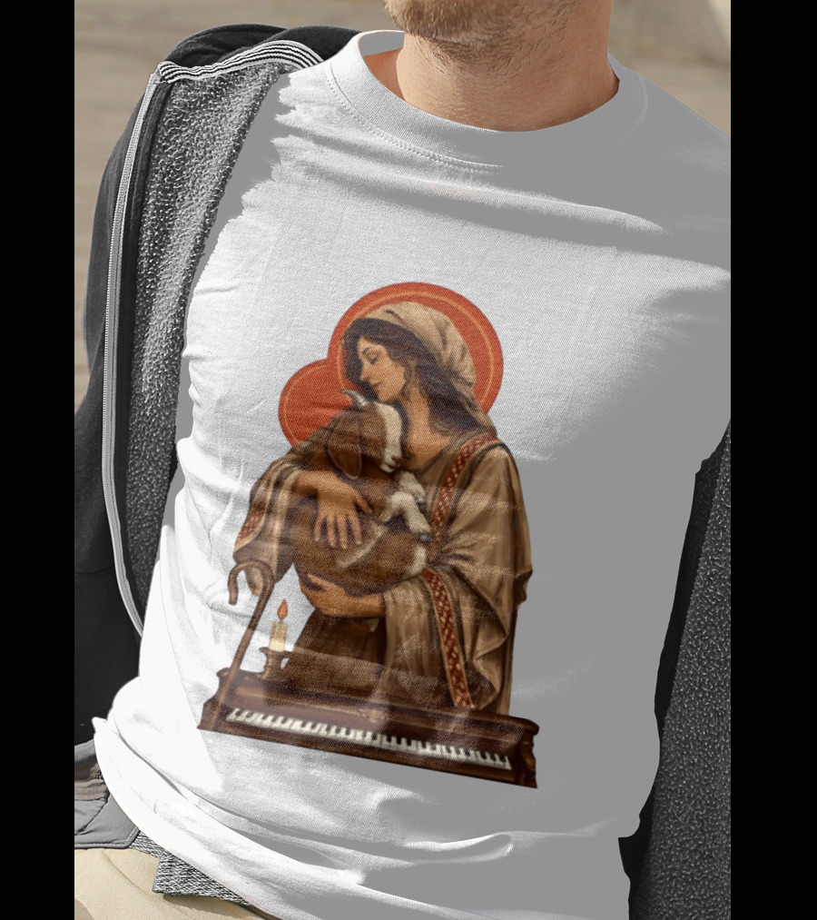 Woman Embracing Goat With Candle And Piano Halo T-Shirt