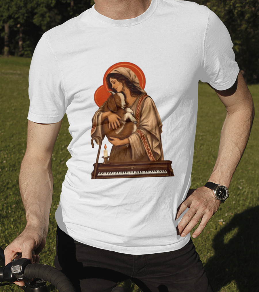 Woman Embracing Goat With Candle And Piano Halo T-Shirt