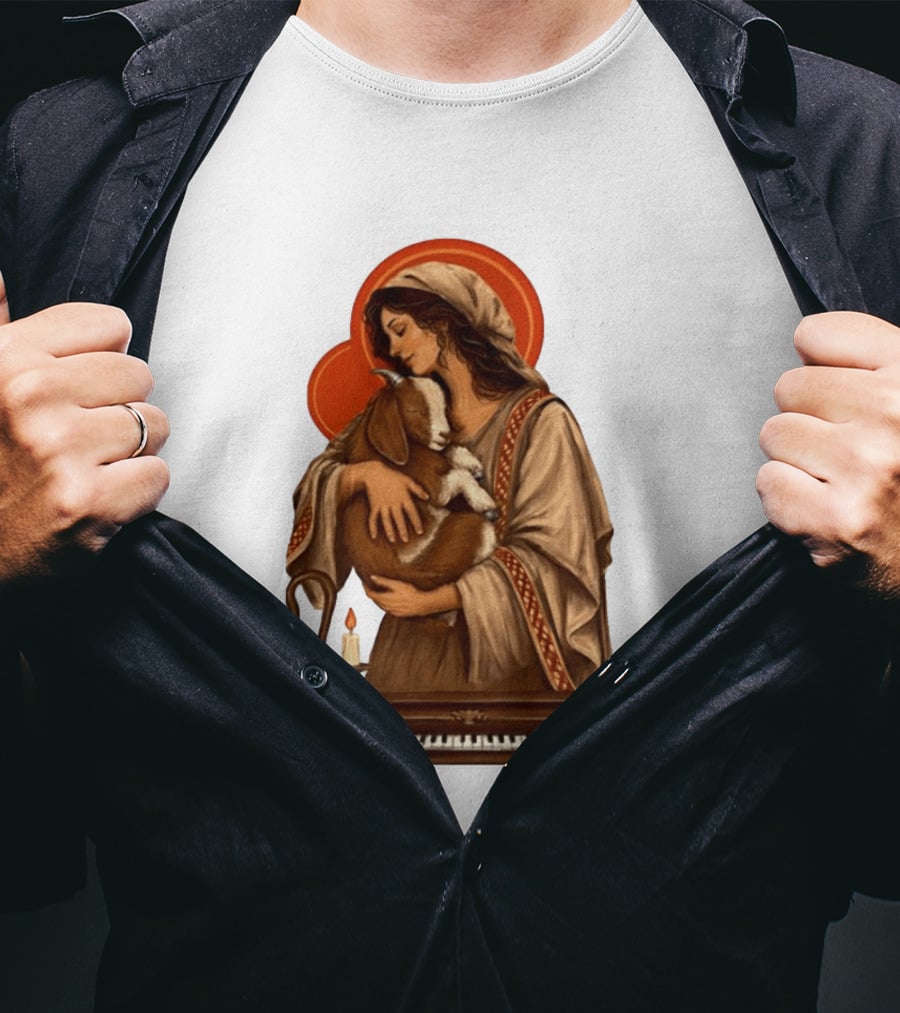 Woman Embracing Goat With Candle And Piano Halo T-Shirt