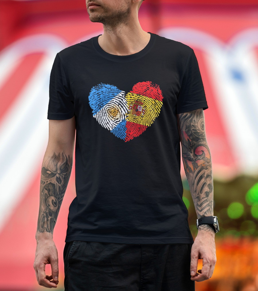Half Spain Half Argentine Heart Fingerprints Flags Spain Argentina T-Shirt
