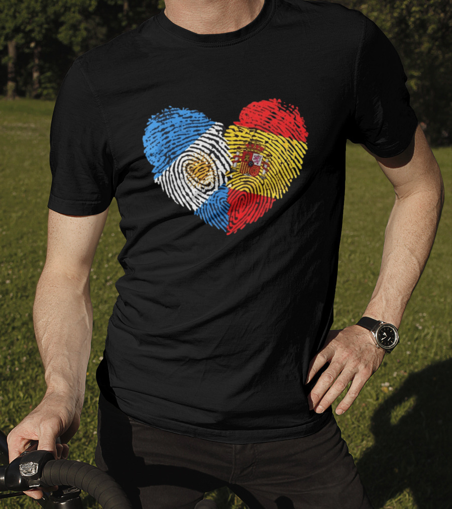Half Spain Half Argentine Heart Fingerprints Flags Spain Argentina T-Shirt