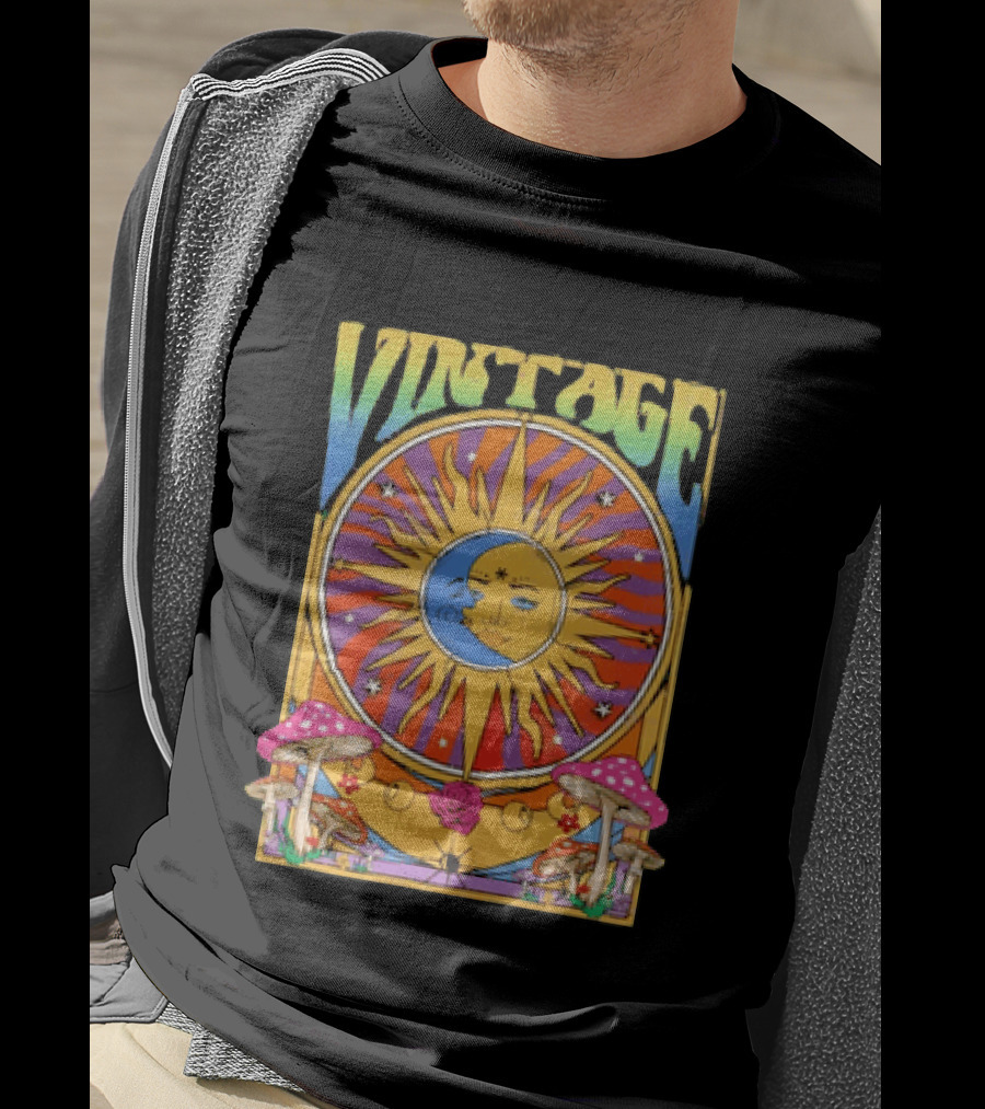 Vintage Sun Moon Celestial Psychedelic Mushrooms T-Shirt