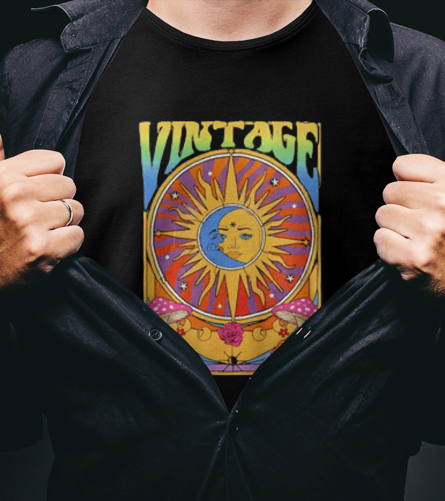 Vintage Sun Moon Celestial Psychedelic Mushrooms T-Shirt