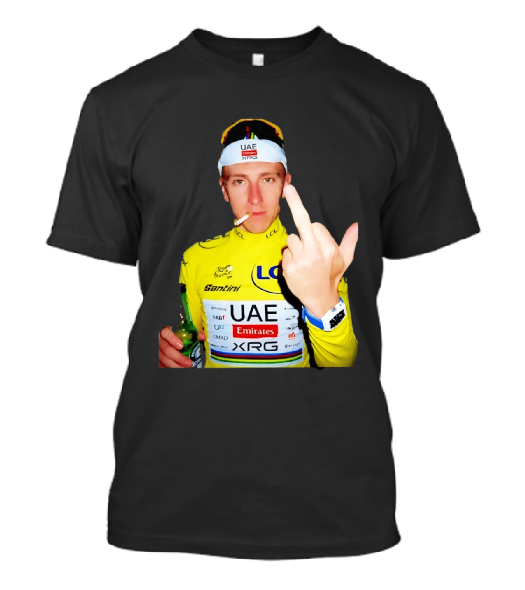 Tadej Pogačar Yellow Jersey Middle Finger Tour De France UAE Emirates LCL Santini T-Shirt