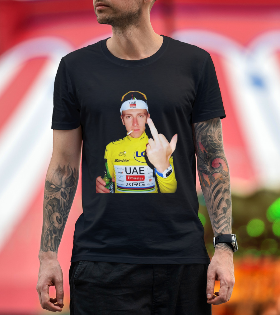 Tadej Pogačar Yellow Jersey Middle Finger Tour De France UAE Emirates LCL Santini T-Shirt