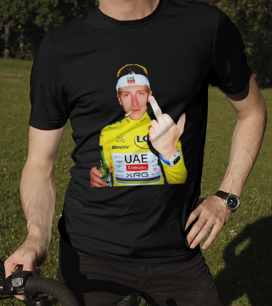 Tadej Pogačar Yellow Jersey Middle Finger Tour De France UAE Emirates LCL Santini T-Shirt