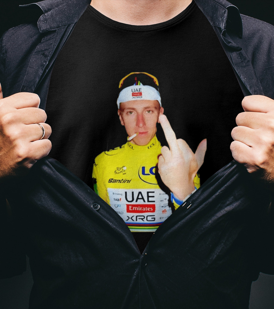 Tadej Pogačar Yellow Jersey Middle Finger Tour De France UAE Emirates LCL Santini T-Shirt