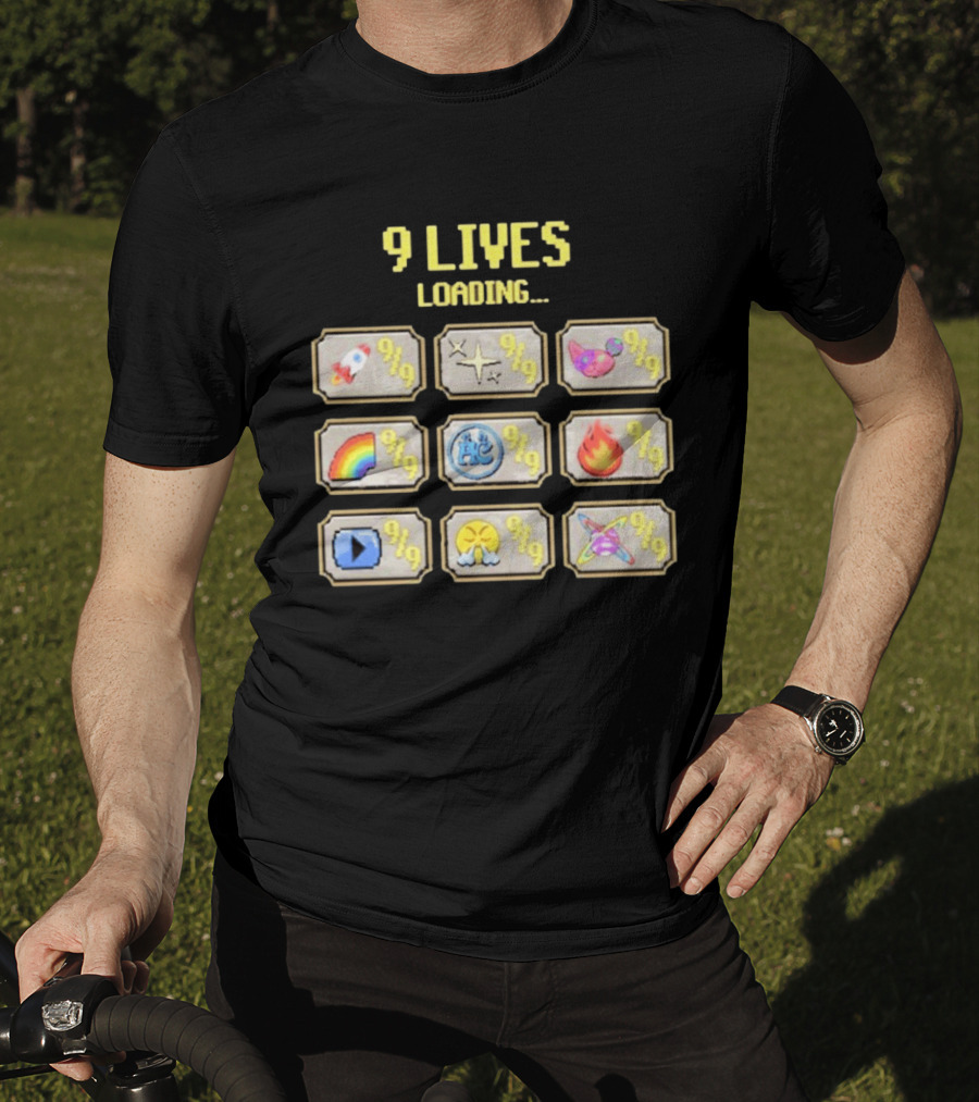 9 Lives Loading Rocket Cat Rainbow Fire Emoji Symbols Cvtscape Alleycvt T-Shirt
