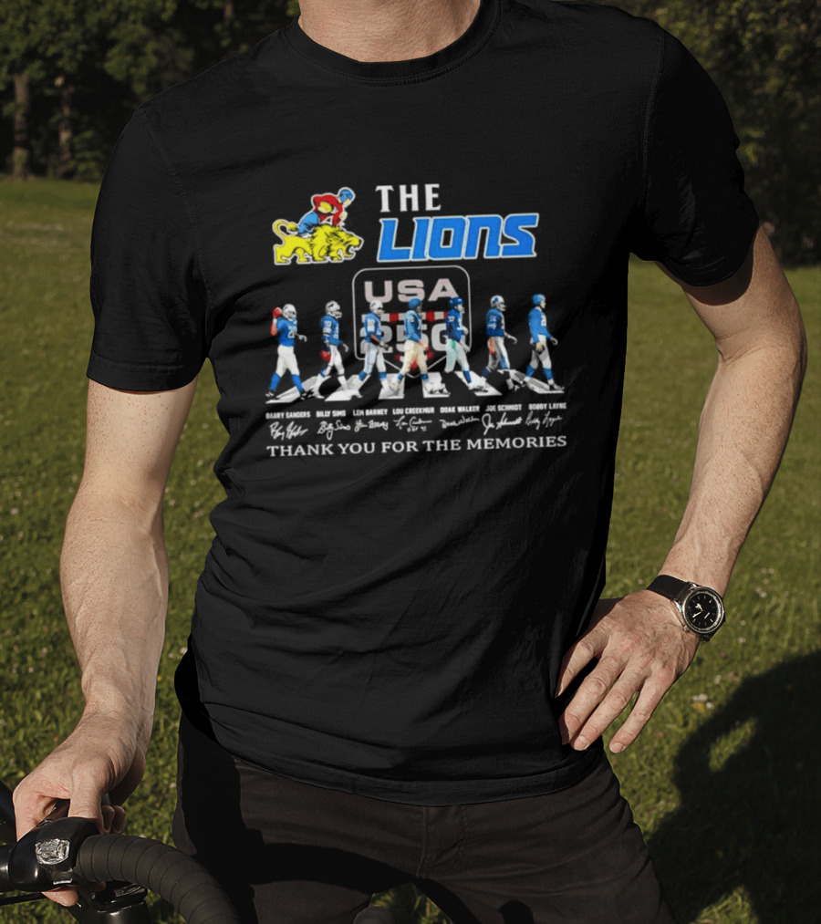 The Lions Legends USA Tour Barry Sanders Billy Sims Lem Barney Lou Creekmur Doak Walker Joe Schmidt Bobby Layne Thank You For The Memories T-Shirt