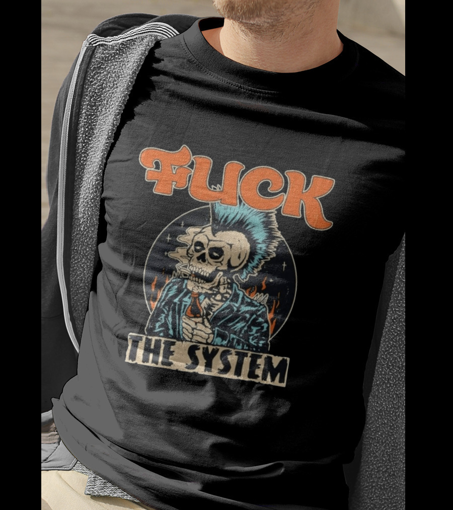 Fuck The System Punk Skeleton Smoking Beer Mohawk Jacket Spikes T-Shirt