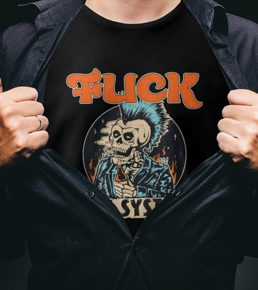Fuck The System Punk Skeleton Smoking Beer Mohawk Jacket Spikes T-Shirt