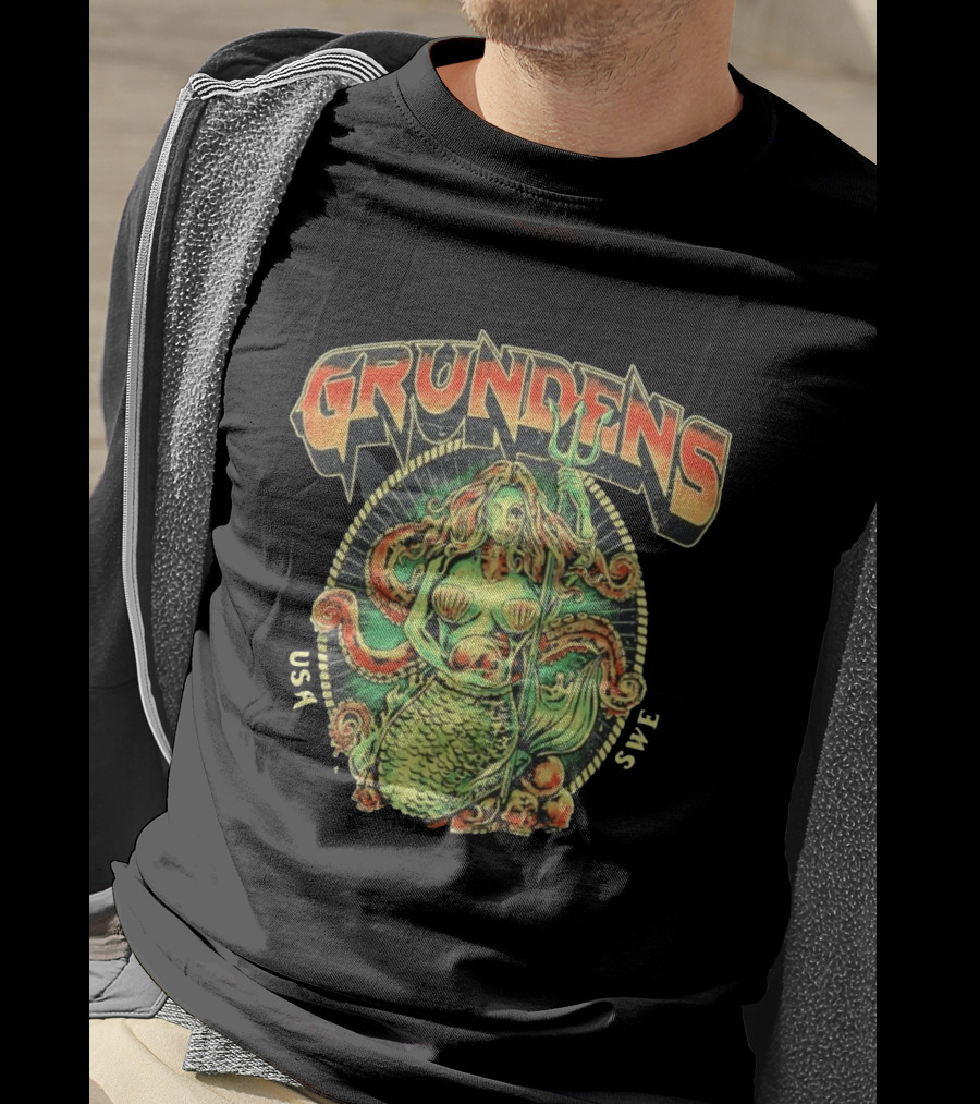 Grundens Undead Mermaid Holding Skull USA SWE Since 1926 T-Shirt