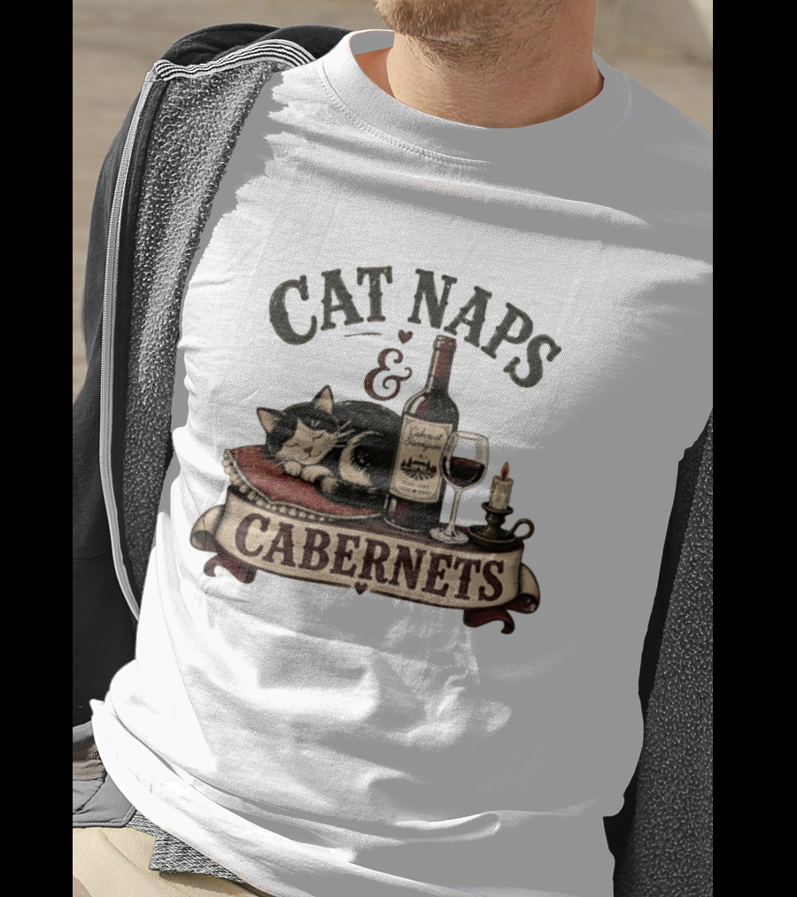 Cat Naps And Cabernet Sauvignon With Cozy Cat And Candle T-Shirt