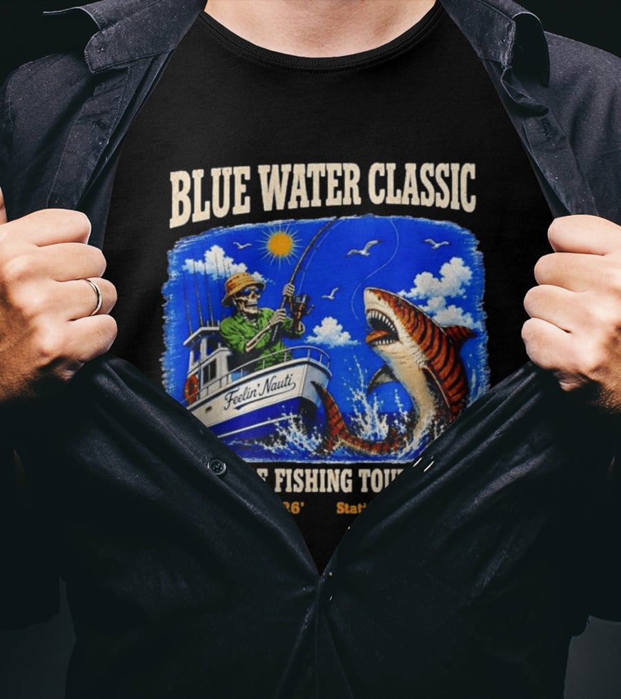 Blue Water Classic Skeleton Angler Shark Offshore Fishing Tournament Summer 26 Staticloom Supply T-Shirt