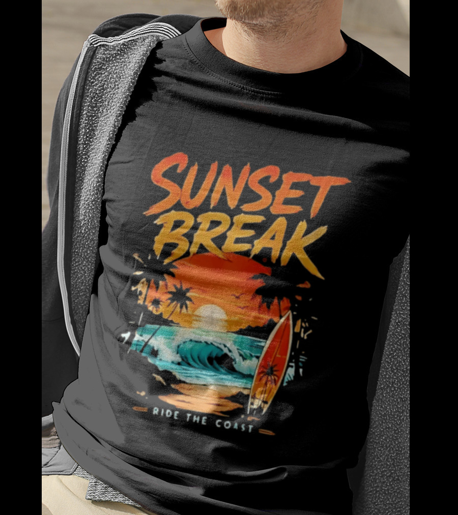 Sunset Break Surfing Ride The Coast Ocean Waves And Surfboard Scene T-Shirt